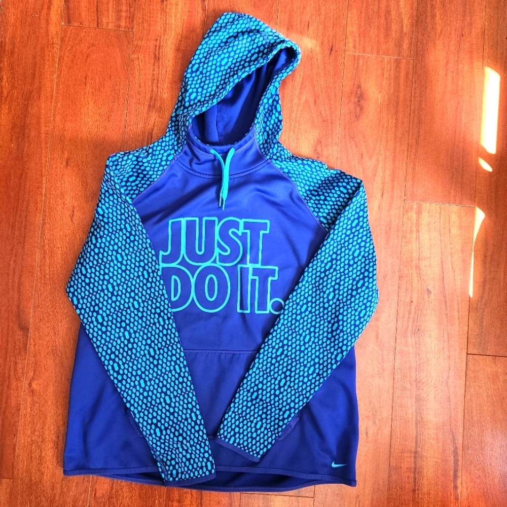 Nike‎ Hoodie Womens XL Blue Geometric Therma Fit Hoodie Pullover Activewear